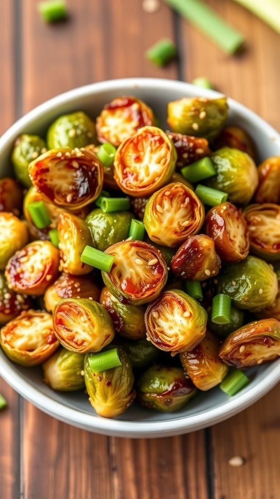Crispy Air Fryer Teriyaki Brussels Sprouts Crispy teriyaki Brussels sprouts garnished with sesame seeds and green onions in a bowl on a wooden table.